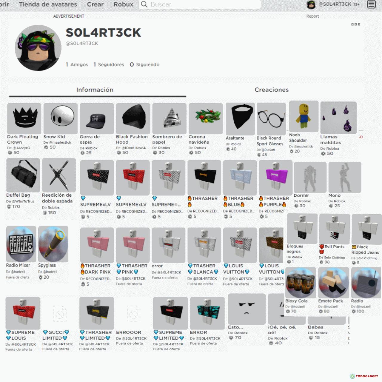 VENDO CUENTA DE ROBLOX CON MUCHA ROPA Y ACCESORIOS, PASES,ETC | USD 