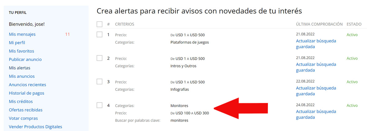 Alertas guardadas en Todogadget