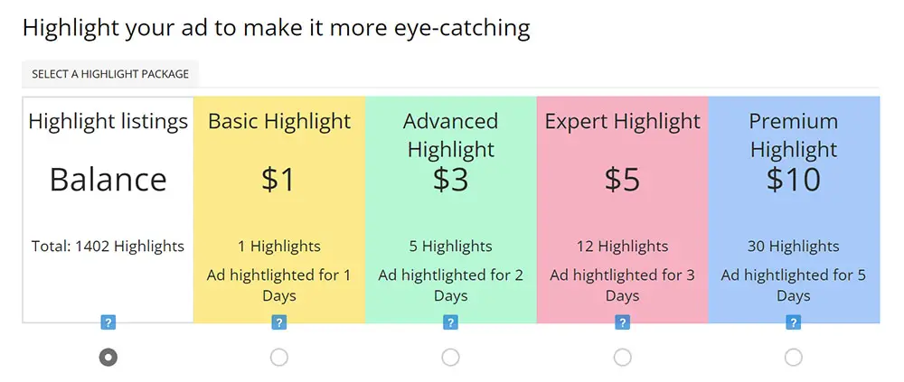 Buy a pack of highlighted ads at Todogadget